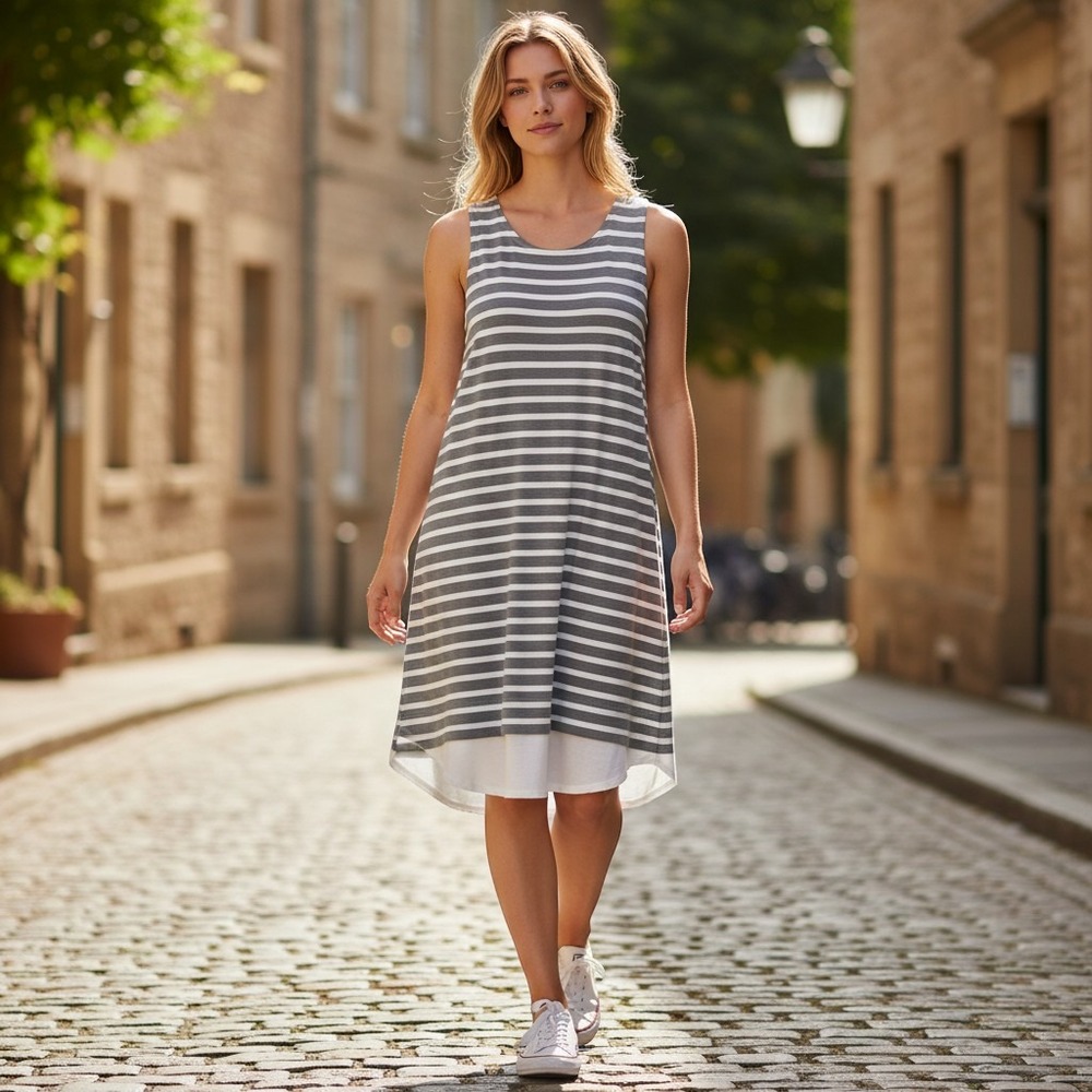Garnet Hill Womens Grey White Striped Sleeveless Layered Hem Knit Shift Dress M